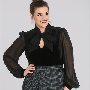 Hell Bunny Gabriella Top Black Velvet Tie Neck Bow 3XL US 16 Whimsygoth Witchy